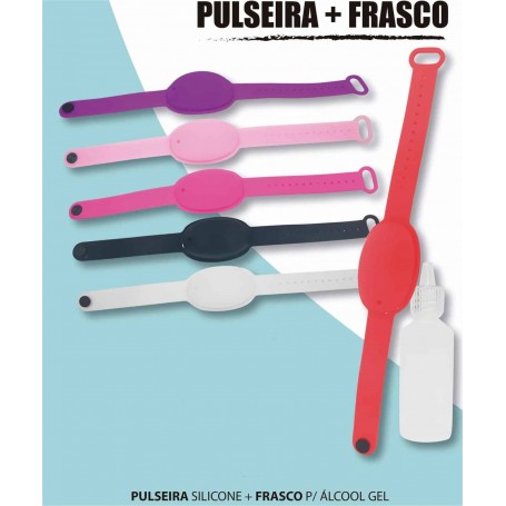 Pulseira porta gel mãos silicone + Dispensador com gel 30 ml